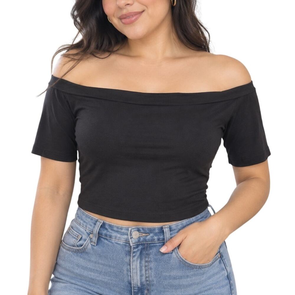 Charlotte Russe Black Off Shoulder Crop Top Large Stretch Cotton